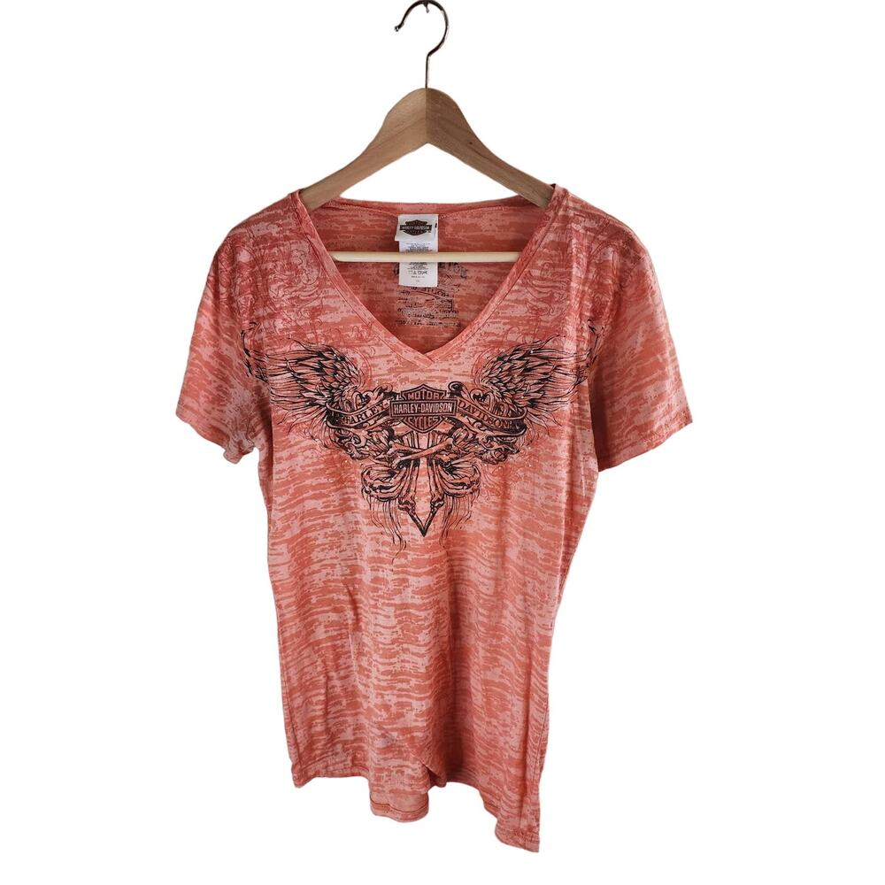 HARLEY-DAVIDSON Orange Semi Sheer Mother Road Kingman AZ Women Graphic VNeck XL